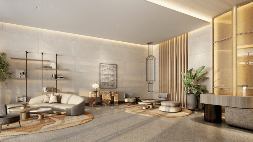 Les résidences Bay Grove proposent un salon moderne et spacieux aux tons neutres. Les caractéristiques comprennent des sièges élégants, des lampadaires, une grande œuvre d'art sur le mur et des plantes décoratives. Un mélange d'éléments en bois et en métal crée une ambiance à la fois chaleureuse et contemporaine.