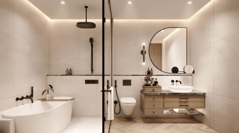La salle de bains moderne du W Residences comprend une baignoire autoportante, une douche murale et un meuble-lavabo flottant. Le miroir rond est éclairé par un éclairage élégant, tandis qu'une palette neutre avec des accents de bois et des luminaires contemporains façonne son design épuré et minimaliste.