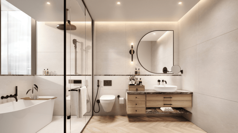 La salle de bains moderne du W Residences comprend une douche vitrée, un miroir rond et une vasque en bois avec tiroirs. La baignoire îlot complète les tons clairs et neutres des murs et du sol, tandis que de petites plantes et des articles de toilette soigneusement disposés ajoutent une touche d'élégance.