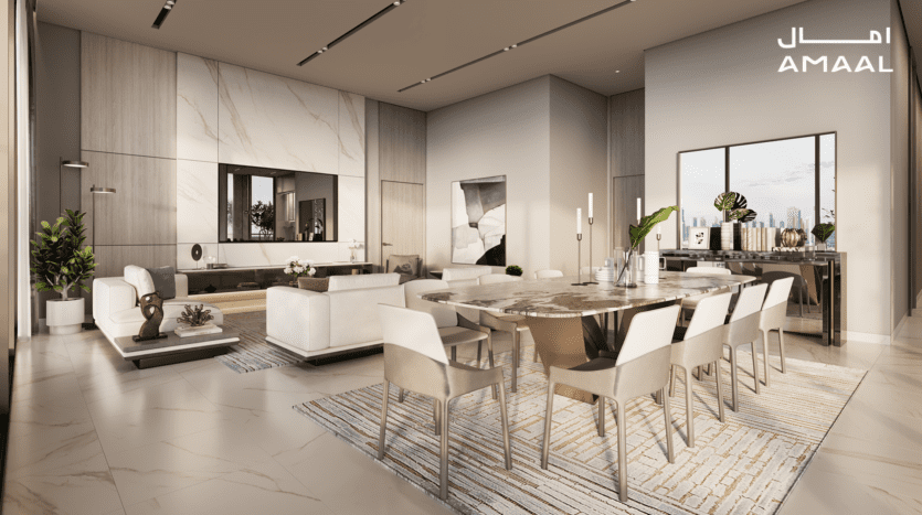 Salon et salle à manger luxueux et modernes avec murs et sols en marbre élégants. Comprend un mobilier contemporain, une décoration abstraite et de grandes fenêtres offrant une lumière naturelle et une vue sur la ville. Un panneau indique « Amaal 8 » dans le coin supérieur droit, faisant allusion à l'exclusivité.