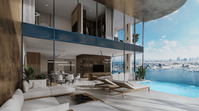 Luxueux salon ouvert avec mobilier moderne LIV Maritime, avec vue sur les toits de la ville et la marina à travers de grandes parois vitrées. Une piscine à débordement s'étend vers une vue panoramique sur l'eau et les gratte-ciels sous un ciel bleu clair.