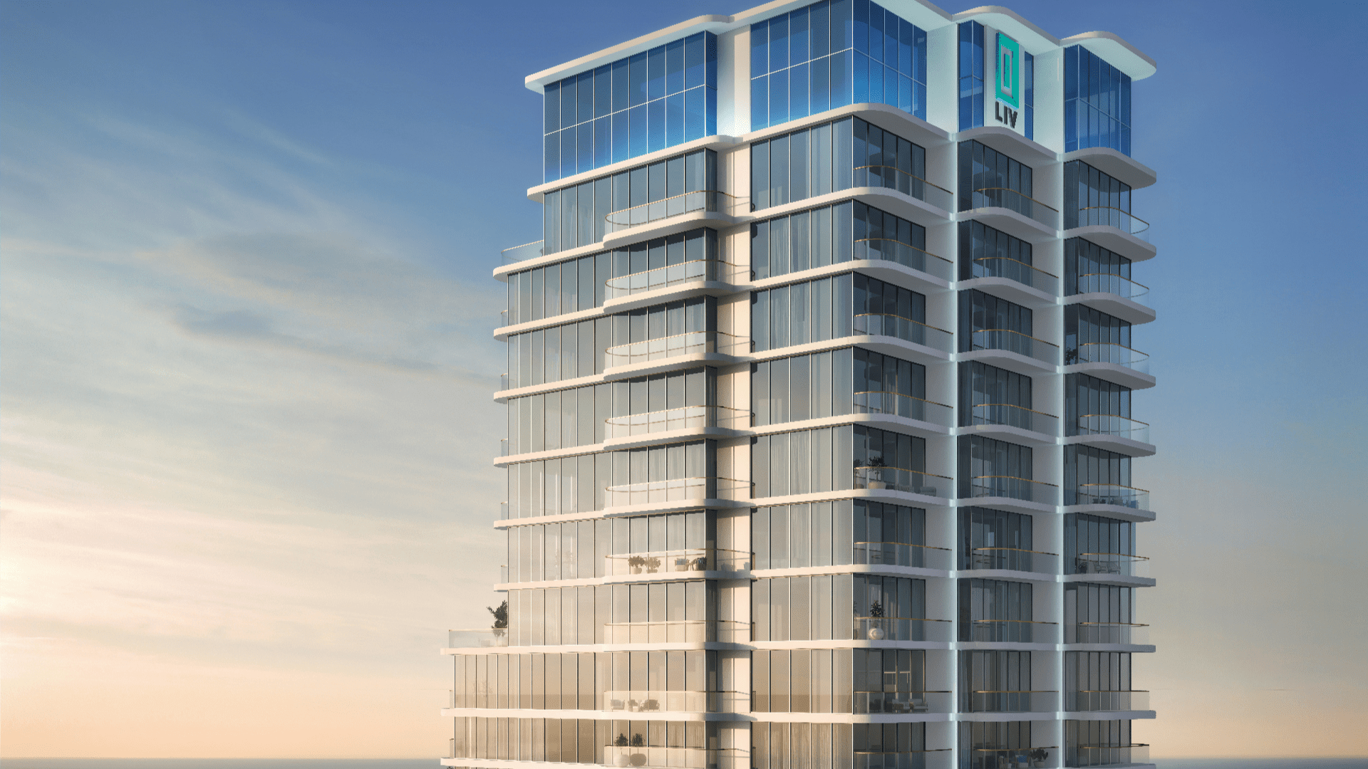 Le LIV Maritime brille comme un gratte-ciel moderne avec une façade en verre au coucher du soleil, comprenant plusieurs étages et balcons. Cette structure élégante est dotée de fenêtres réfléchissantes et porte le logo discret de LIV Maritime au sommet, sur fond de ciel riche en teintes chaudes en dégradé.