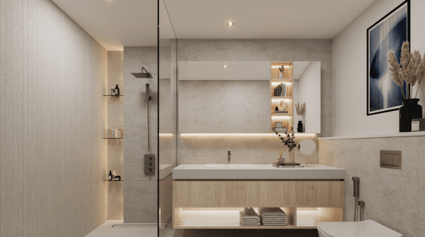 Une salle de bain moderne au design minimaliste aux tons neutres, rappelant l'esthétique maritime de LIV. Elle comprend un grand miroir, une coiffeuse flottante ornée de plantes, des étagères pour les produits de toilette, une cabine de douche en verre élégante et une œuvre d'art abstraite encadrée sur le mur.