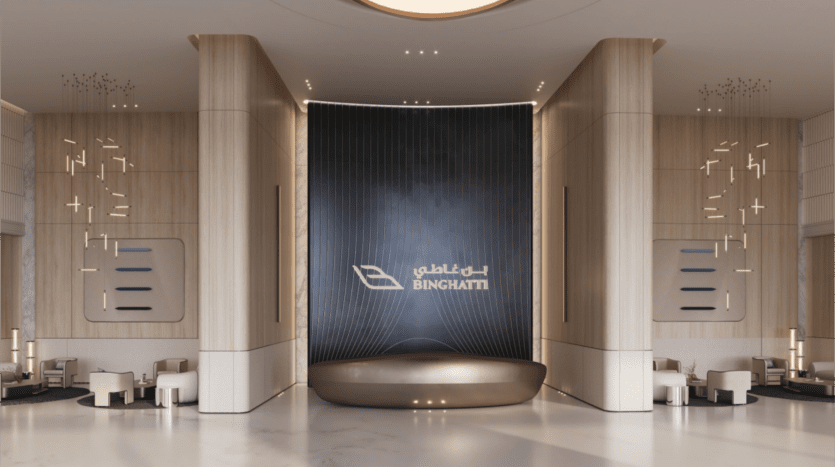 Le hall d'accueil moderne est doté d'un comptoir de réception élégant et incurvé et d'un grand mur arborant le logo BINGHATTI. Des espaces de détente inspirés de Sky Rise, une décoration minimaliste et un éclairage d'ambiance doux se combinent pour créer une atmosphère élégante et accueillante.