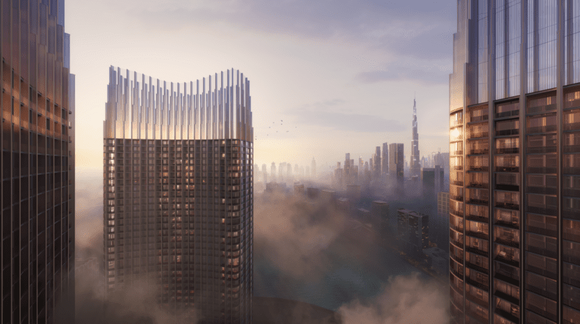 Paysage urbain au coucher du soleil avec des gratte-ciels modernes, partiellement enveloppés de brume. Le plus haut gratte-ciel est visible au loin, avec la douce lumière du soleil se reflétant sur les structures, créant une scène urbaine sereine et futuriste.