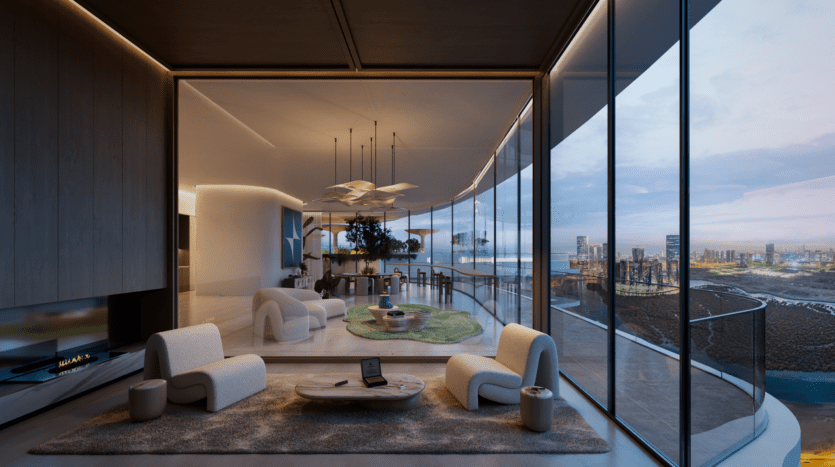 Un salon moderne et luxueux avec des baies vitrées offrant une vue sur le paysage urbain de Rivage. Il dispose de fauteuils blancs moelleux, d'une table basse élégante et d'un éclairage contemporain. La décoration comprend de la verdure et de l'art abstrait.