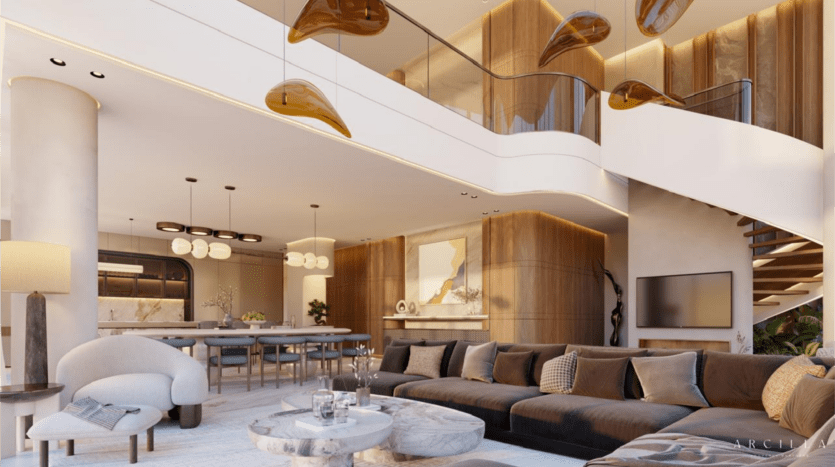 Un salon de luxe moderne de SaaS Properties avec un design spacieux et ouvert. Il comprend un grand canapé sectionnel, des tables basses, un coin repas, un élégant escalier en colimaçon et des luminaires suspendus uniques. La décoration est minimaliste avec des accents de bois chaleureux.