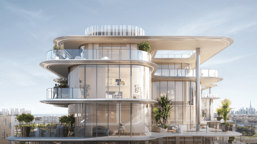 La Cotier House est un bâtiment futuriste à plusieurs niveaux avec des balcons en verre incurvés et une végétation luxuriante. Cette merveille architecturale moderne dispose de terrasses spacieuses et offre une vue panoramique sur la ville sous un ciel bleu clair, avec des lignes douces et des espaces ouverts pour une expérience de vie inégalée.