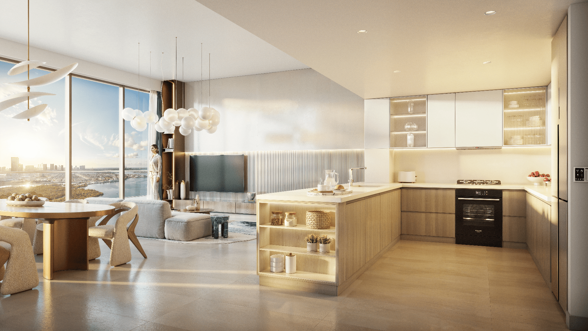 Une cuisine et un salon modernes et ensoleillés avec de grandes fenêtres offrant une vue sur la ville de Rivage. L'espace comprend une table à manger avec des chaises, des sièges confortables, des luminaires contemporains et une cuisine minimaliste avec des accents de bois et des appareils intégrés.