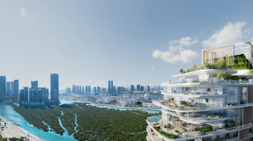 Le paysage urbain futuriste de Rivage se compose de bâtiments luxuriants, couverts de plantes et dotés de larges balcons. Au premier plan, un toit végétalisé se distingue. Une rivière sinueuse traverse la ville, bordée de gratte-ciel modernes sous un ciel bleu clair.