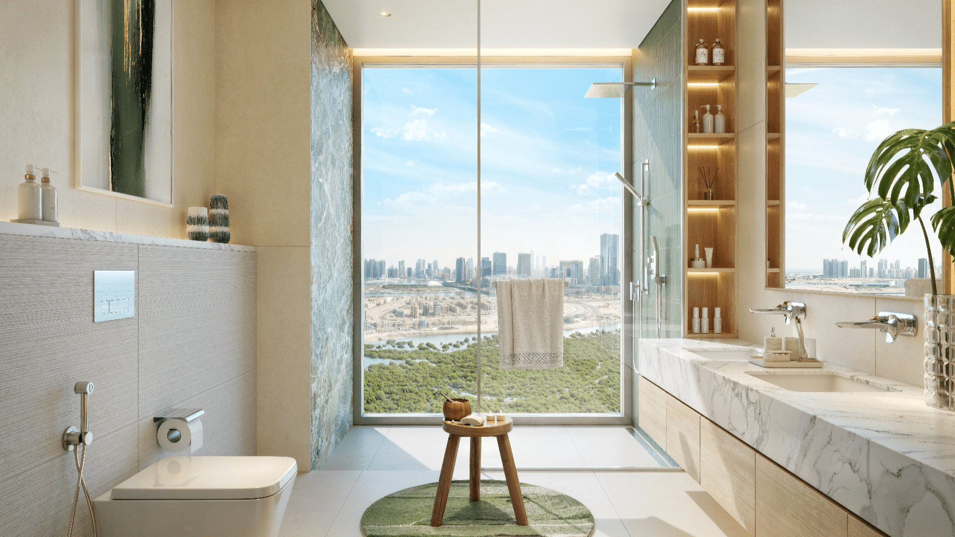 Découvrez le Rivage dans cette salle de bain luxueuse dotée d'une grande fenêtre offrant une vue sur les toits de la ville. Elle comprend une douche en verre, un lavabo double avec comptoir en marbre, un tapis rond vert, un tabouret en bois et une plante en pot. Les tons neutres rehaussent son élégance.