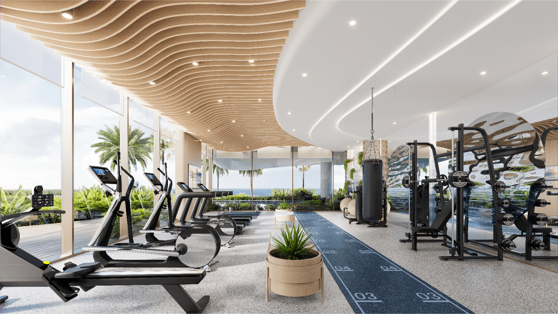 Salle de sport moderne à Sunset Bay avec de grandes fenêtres et une vue sur les palmiers. La salle comprend des tapis de course, des vélos elliptiques, des appareils de musculation et un sac de frappe. Le plafond présente un design ondulé et des plantes sont placées dans tout l'espace pour la décoration.