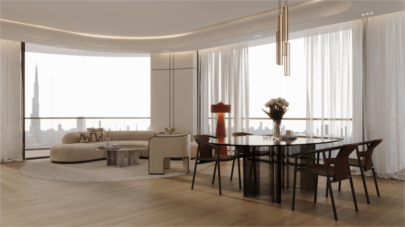 L'élégant salon et salle à manger de cet appartement en hauteur dispose de baies vitrées offrant une vue imprenable sur les toits de la ville. Profitez d'une table à manger ronde en verre, de chaises modernes, d'un canapé incurvé et d'un tapis contemporain. De hauts rideaux blancs ornent les fenêtres, renforçant l'ambiance sophistiquée.