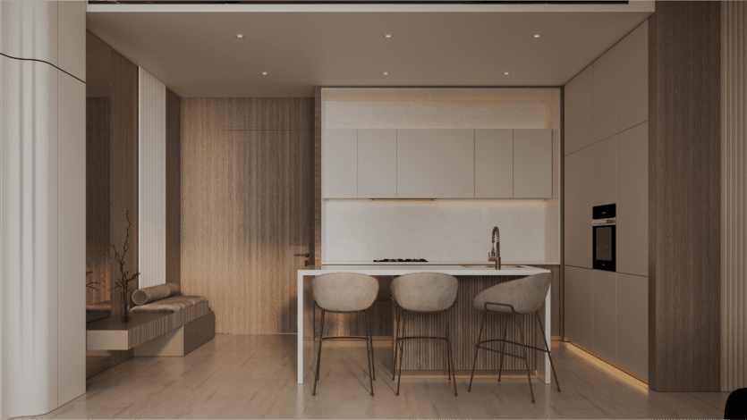 Intérieur de cuisine moderne au design minimaliste aux tons neutres, incarnant l'esthétique Binghatti Elite. Il dispose d'un îlot central avec trois tabourets de bar, d'armoires élégantes, d'un four encastré et d'un dosseret élégant. Un éclairage doux crée une ambiance chaleureuse.