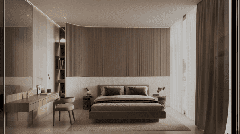 La chambre moderne du Binghatti Elite présente un design minimaliste, avec un lit double avec une literie neutre et deux tables de chevet. Un bureau intégré avec une chaise et des étagères borde le mur de gauche. De grandes fenêtres inondent l'espace de lumière naturelle, tandis qu'un tapis texturé ajoute de la chaleur au sol.