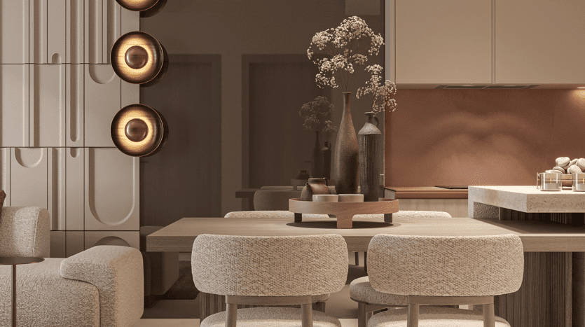 Une salle à manger moderne avec une table en bois et des chaises rembourrées. Des appliques murales circulaires sont montées sur un mur texturé et des vases décoratifs avec des fleurs séchées ornent la table. La cuisine à l'arrière-plan est dotée d'armoires élégantes et d'un éclairage chaleureux.
