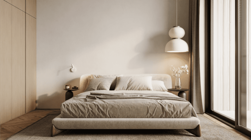 Une chambre minimaliste dispose d'un grand lit avec des draps beiges, flanqué de deux tables de nuit. Une lampe suspendue et une applique murale fournissent l'éclairage. Des accents de bois clair et une fenêtre du sol au plafond avec un rideau s'ouvrent sur des terrasses sereines, renforçant l'atmosphère tranquille.