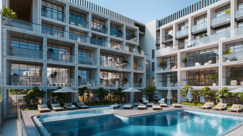 Un complexe d'appartements moderne doté de grandes baies vitrées et de terrasses donnant sur une cour centrale. La cour comprend une piscine entourée de chaises longues et de parasols, ainsi que des plantes en pot qui ajoutent de la verdure à l'espace.