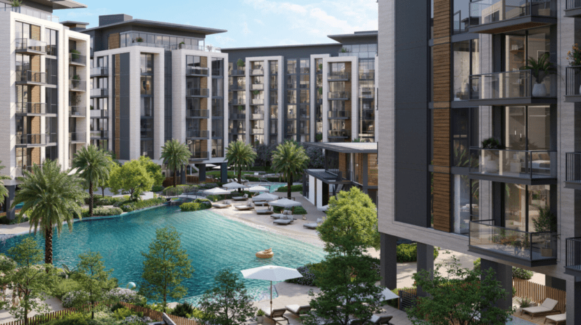 Vue d'un complexe d'appartements luxueux à Belgrave, avec de grands immeubles entourant une grande piscine. La zone est aménagée avec des palmiers, des jardins luxuriants et plusieurs chaises longues et parasols installés autour de la piscine.