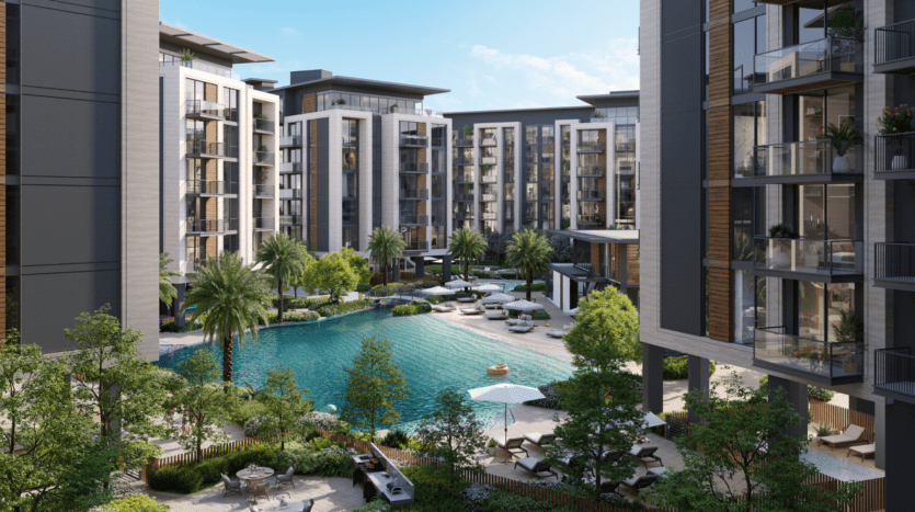 Complexe d'appartements moderne composé de hauts bâtiments, dotés de grandes fenêtres et de balcons. Au centre, une piscine turquoise est entourée de palmiers, de chaises longues et de parasols. Une végétation luxuriante complète l'atmosphère sereine sous un ciel clair.