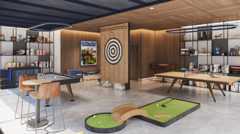 Salle de jeux moderne avec table de billard, mini-golf, jeu de fléchettes et jeux de société sur étagères. Deux tabourets de bar au comptoir, un éclairage d'ambiance et des boiseries créent une atmosphère chaleureuse. Plusieurs boîtes de jeux et décorations sont exposées sur des étagères.