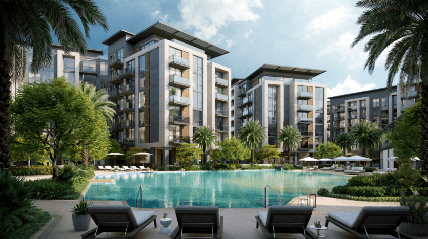 Des immeubles d'appartements modernes entourent une piscine luxueuse avec chaises longues et palmiers. Le ciel est partiellement nuageux, ce qui contribue à l'atmosphère relaxante de ce complexe hôtelier.