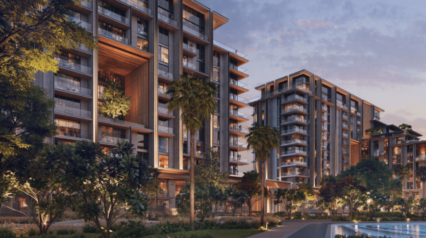 Des immeubles d'appartements modernes dotés de grandes fenêtres et de balcons ornent le quartier de Crestlane, entouré de verdure luxuriante et de palmiers. Un sentier serpente à travers des jardins paysagers près de City Walk, avec une piscine scintillante au premier plan sous les douces teintes d'un coucher de soleil crépusculaire.