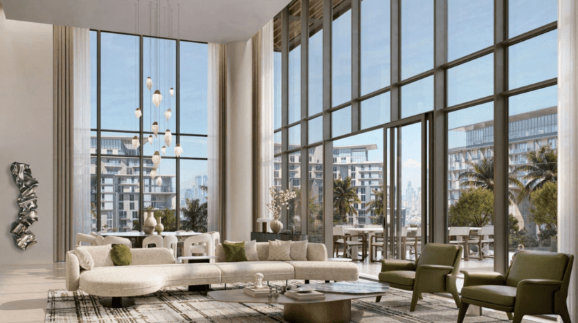 Salon spacieux et moderne à Crestlane avec baies vitrées offrant une vue sur City Walk. Comprend un canapé beige incurvé, des fauteuils verts, un tapis géométrique et une pièce murale en métal sculpturale. De hauts plafonds et un lustre contemporain renforcent la sensation d'ouverture.