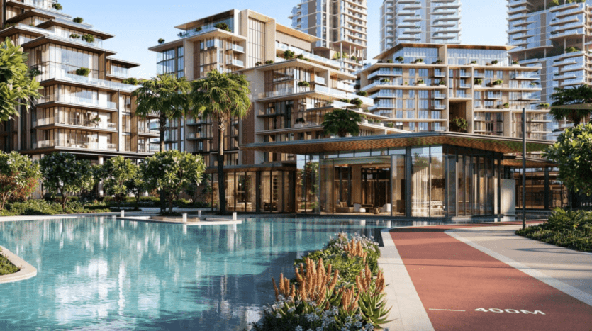Des immeubles résidentiels modernes avec balcons en verre entourent une grande piscine tranquille. À côté, le sentier de jogging rouge de Crestlane marqué « 400M » serpente gracieusement, bordé d'une végétation luxuriante et de plantes tropicales. Le paysage est ensoleillé et accueillant, avec un ciel bleu clair parfait pour une promenade rafraîchissante en ville.