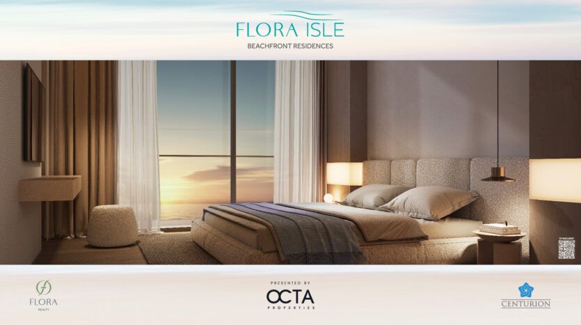 Une chambre confortable en bord de mer à Flora Isle avec une grande fenêtre offrant une vue sur un coucher de soleil serein sur l'océan. La chambre dispose d'un lit soigneusement fait, d'une lampe moderne et d'un éclairage doux. « Flora Isle Beachfront Residences » est affiché en haut, complété par des logos en bas.