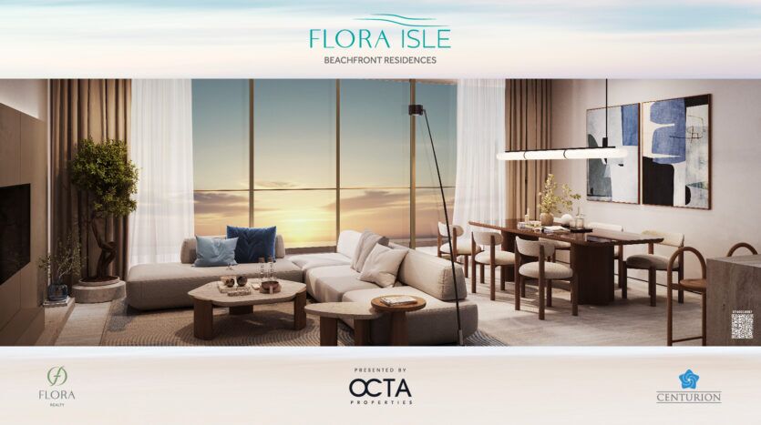 Salon et salle à manger modernes avec de grandes fenêtres offrant un coucher de soleil sur l'océan à Flora Isle. Le mobilier contemporain comprend un canapé sectionnel, une table basse, un lampadaire, une table à manger et des chaises. Des œuvres d'art décorent les murs de ces superbes résidences en bord de mer.