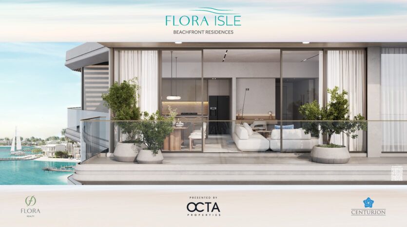 Une résidence moderne en bord de mer avec de grandes portes vitrées révèle un balcon orné de plantes en pot Flora Isle. À l'intérieur, des canapés blancs complètent le coin cuisine, le tout avec une vue sereine sur l'océan sous un ciel clair. Les marques Flora Isle et Centurion sont visibles partout.