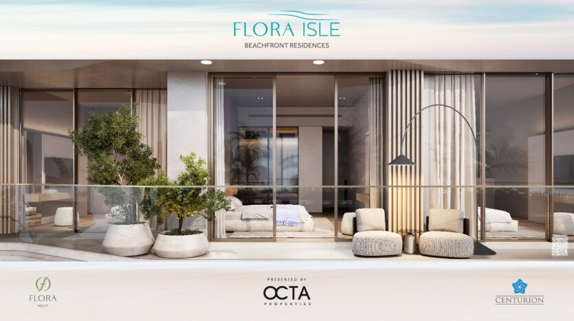 Une résidence moderne en bord de mer sur l'île Flora dispose de grandes portes vitrées et d'élégants coins salon extérieurs. Des plantes en pot ajoutent de la verdure et un grand lampadaire se trouve à côté de chaises rembourrées. Les logos en bas incluent Flora Realty et Centurion.