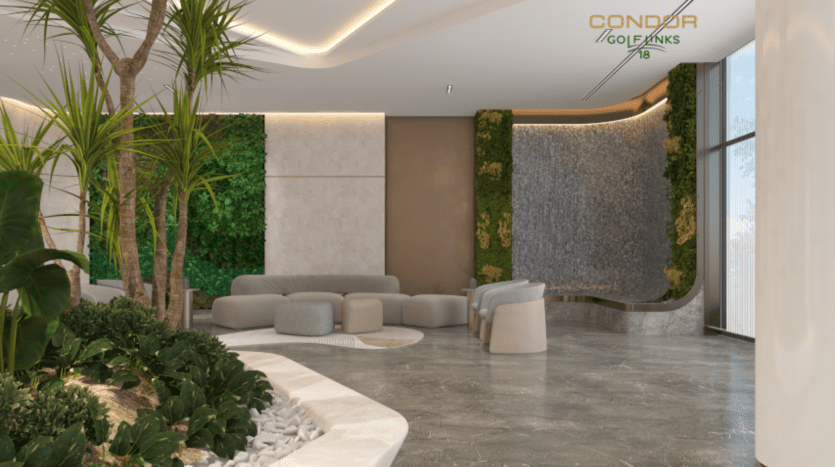 L'intérieur moderne du hall d'entrée est doté de murs verts, d'un bassin apaisant et de sièges élégants. Les tons neutres dominent l'espace, agrémenté de plantes en pot et de grandes fenêtres. Le logo « Condor Golf Links » orne le mur, reflétant l'élégance et l'attrait du golf sur son célèbre parcours de 18 trous.