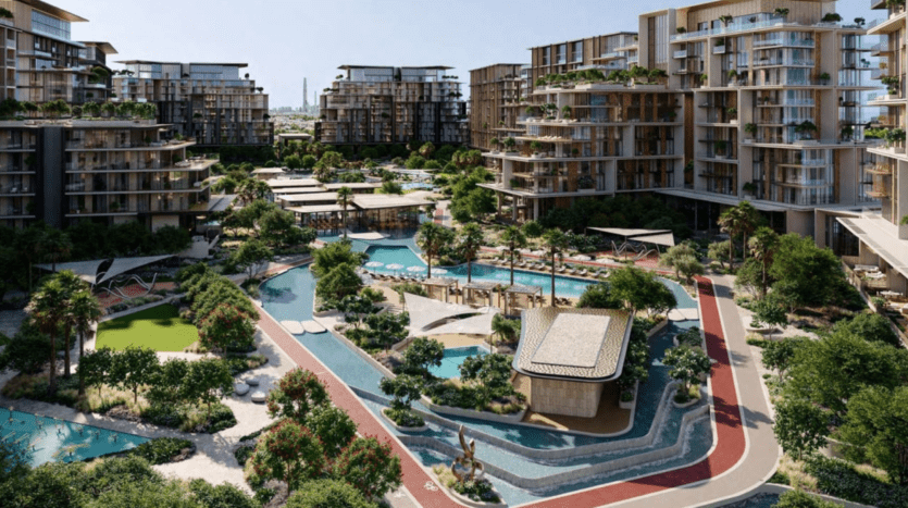 Vue aérienne de Crestlane, un complexe résidentiel luxueux composé de plusieurs immeubles d'appartements modernes. Le quartier comprend une végétation luxuriante, des jardins paysagers, des piscines et un sentier sinueux. Les terrasses sur les toits et la ligne d'horizon de la ville rehaussent le décor pittoresque de cette oasis urbaine.