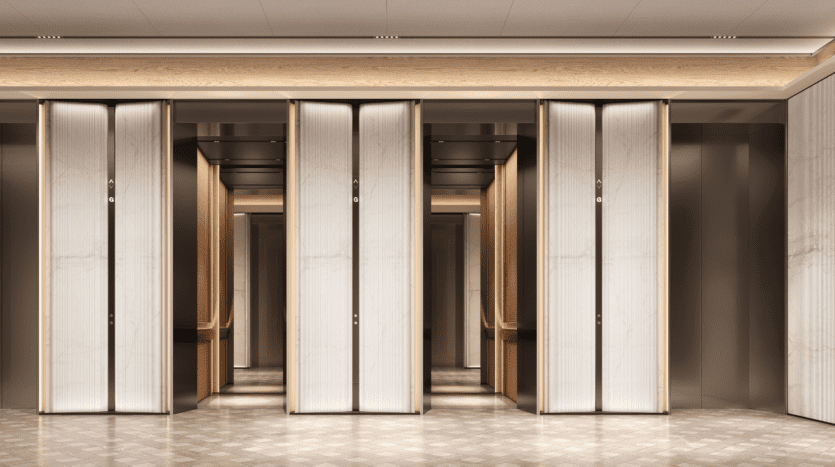 A modern, elegant hallway with marble folding doors, warm wood accents and a patterned tile floor. Subdued lighting creates a luxurious, symmetrical atmosphere.