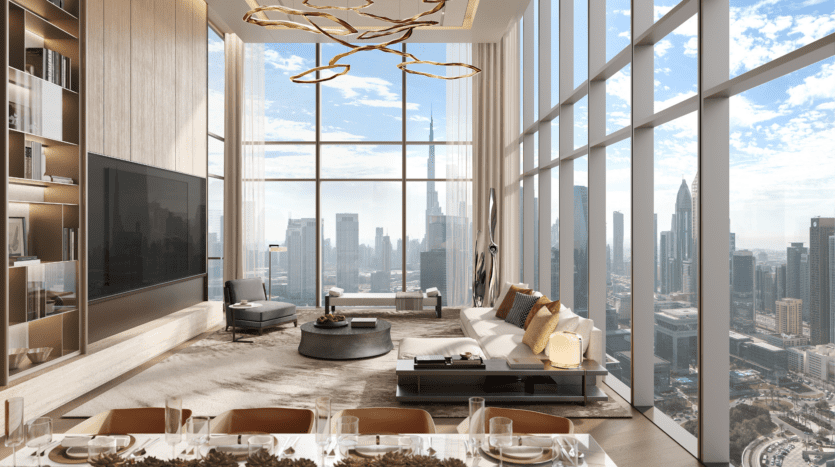 A modern, luxurious living room with large picture windows overlooking the city. The space features a large corner sofa, contemporary lighting, elegant decor and a dining table in the foreground.