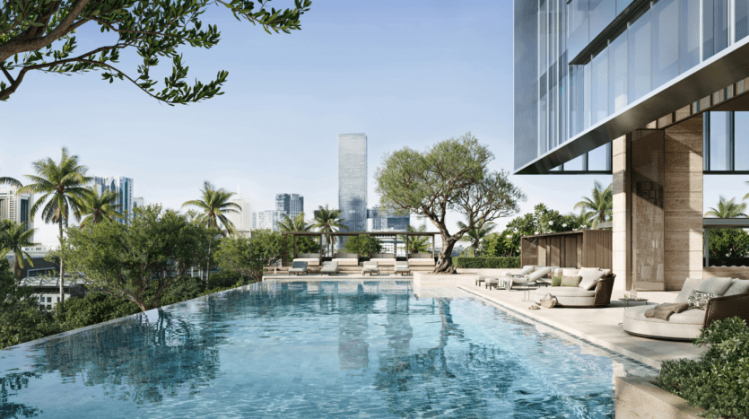 Modern rooftop infinity pool surrounded by sun loungers, greenery and palm trees, with a glass building and the city's rooftops in the background under a clear blue sky.