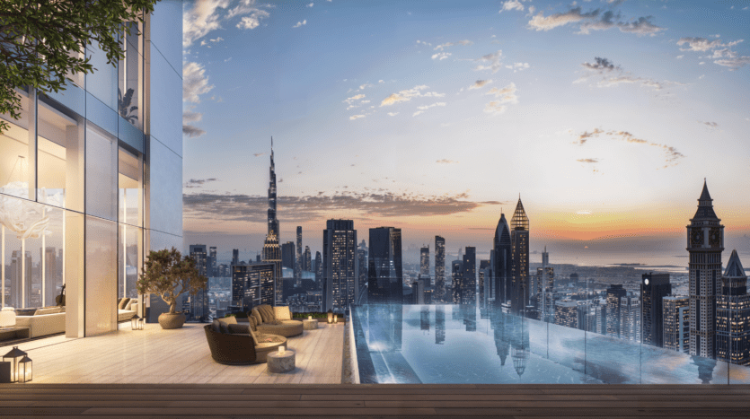A luxurious rooftop terrace with sun loungers, a modern infinity pool and lanterns overlooks a futuristic city skyline at sunset, with skyscrapers and a tranquil urban atmosphere.