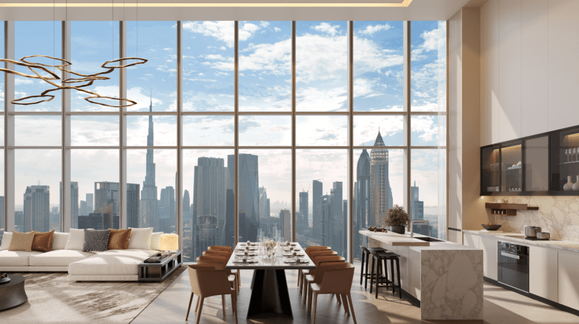 A modern, luxurious living and dining room, open to the living room, features large picture windows offering stunning views of the city and its skyscrapers under a blue sky. Elegant furnishings include a long dining table and a stylish kitchen.