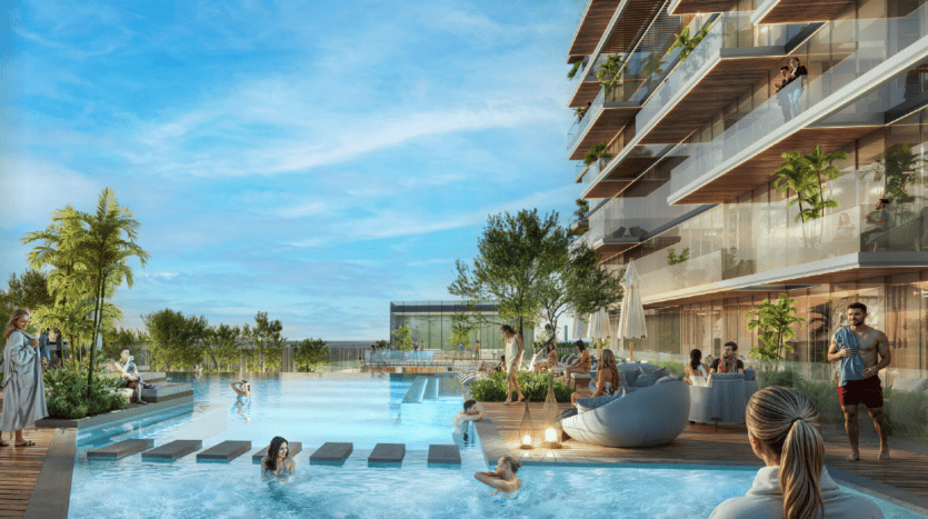 Les visiteurs se détendent et se baignent dans une piscine extérieure moderne entourée de verdure et d'un immeuble d'appartements de luxe avec balcons. Le ciel bleu et clair crée une atmosphère vibrante et accueillante.