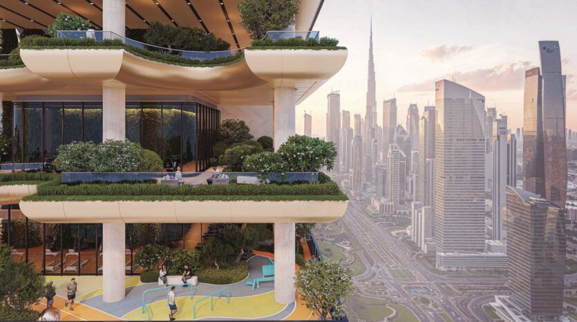 Bâtiment futuriste avec plusieurs niveaux de terrasse SkyParks avec de la verdure et des personnes, surplombant une ville moderne avec de hauts gratte-ciel et des routes très fréquentées au coucher du soleil.