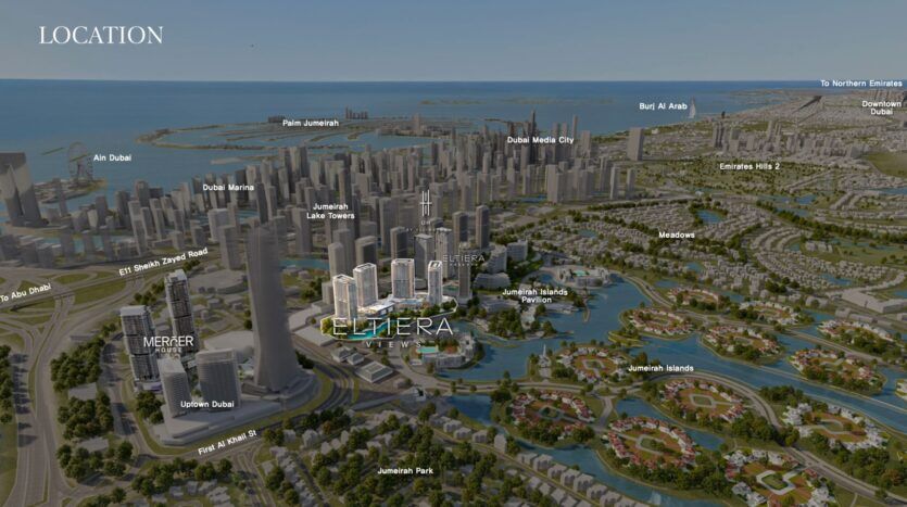 Aerial view of a modern urban landscape, including Eltiera Views, with landmarks such as Marina, Jumeirah Islands, JLT, Media City, Downtown Dubai, Palm Jumeirah, and various residential and commercial areas near the coast.