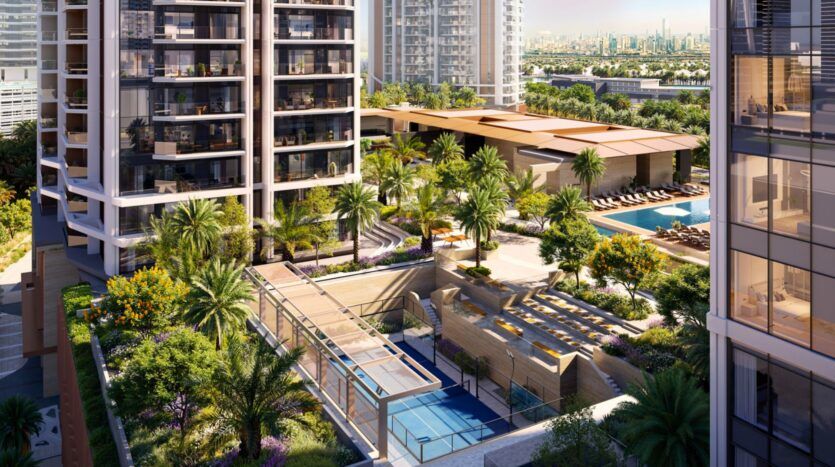 Eltiera Views is a modern residential complex featuring tall glass buildings, lush landscaped gardens, palm trees, a sparkling swimming pool with sun loungers, and a tennis court, all set in a sunny urban environment with the city skyline beyond.