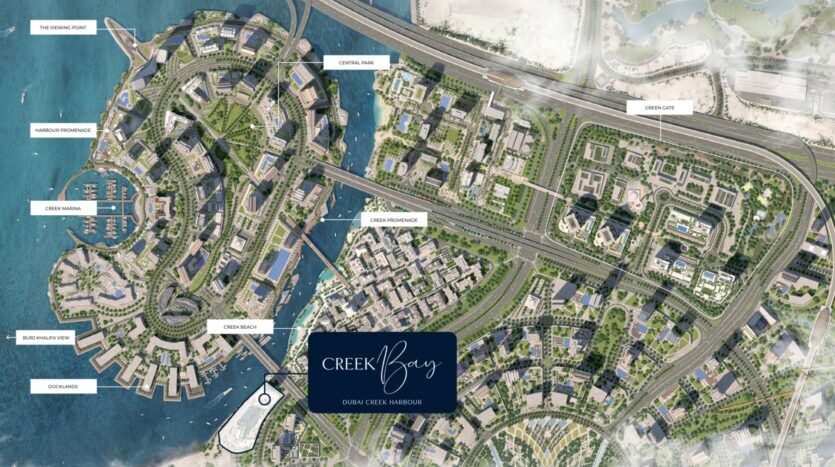 A detailed aerial map of Creek Bay in Dubai Creek Harbor shows labeled areas such as the marina, harbor promenade, central park, Creek Marina, Creek Beach, as well as various residential and commercial areas in Creek Bay.