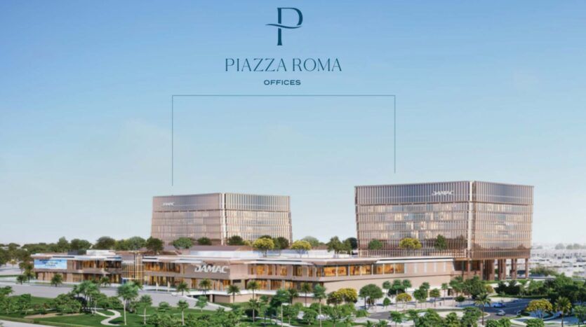 Moderno complejo de oficinas compuesto por dos edificios acristalados con la inscripción «DAMAC», rodeados de vegetación. El logotipo de Piazza Roma y el texto «Piazza Roma Offices» aparecen en la parte superior sobre un cielo azul claro.