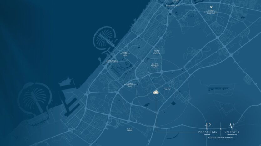El mapa de una ciudad costera en tonos azules muestra las carreteras principales, los puntos de referencia y una isla con forma de palmera. En el centro, destacan el «Valencia Landing District» y la «Piazza Roma», mientras que los iconos de aviones y barcos añaden detalles a la escena.