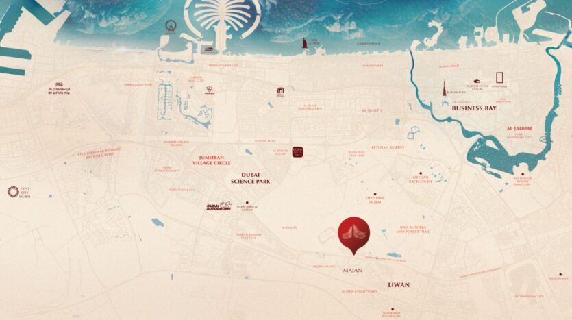 Carte stylisée de Dubaï présentant des zones clés telles que Business Bay, Dubai Science Park, Jumeirah Village Circle et une île en forme de palmier. Les mots "Majar" et Skyflame sont indiqués dans la partie inférieure du centre, et les routes principales et les points de repère sont clairement indiqués.