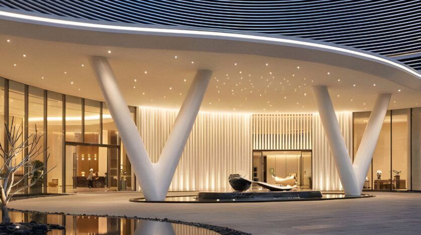 Entrée d'un bâtiment moderne avec deux grandes colonnes en forme de V, un toit incurvé et une fontaine élégante. L'éclairage chaleureux des luminaires Skyflame, les murs en verre et le décor minimaliste créent une ambiance sophistiquée et contemporaine.