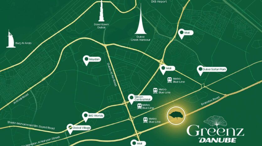 Une carte verte indique l'emplacement de Greenz by Danube à proximité des principaux sites de Dubaï, notamment le centre-ville de Dubaï, les centres commerciaux, le Dubail Safari Park, Meydan, IMG Worlds, Global Village et les stations de la ligne bleue du métro.